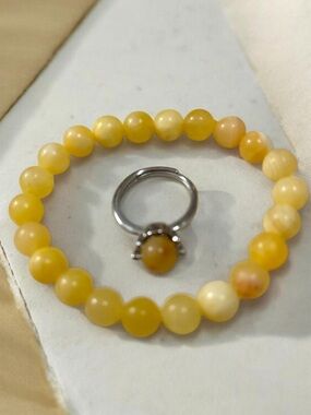 Honey Calcite Beaded Stretch Bracelet with Matching Yellow-Accent Ring
